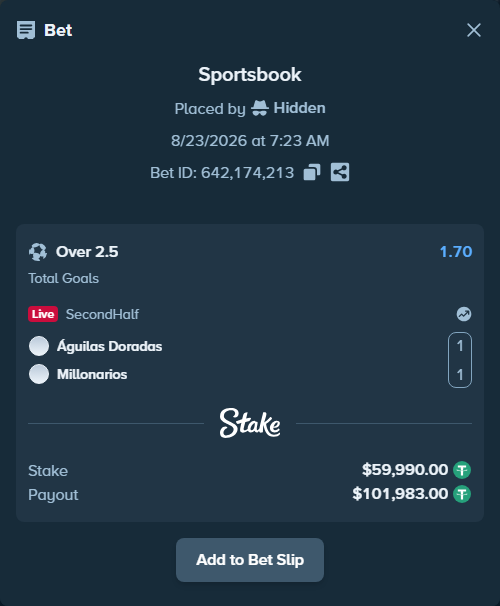Bet slip: Águilas Doradas - Millonarios, $59,990.00 stake at 1.70 odds, placed by Hidden