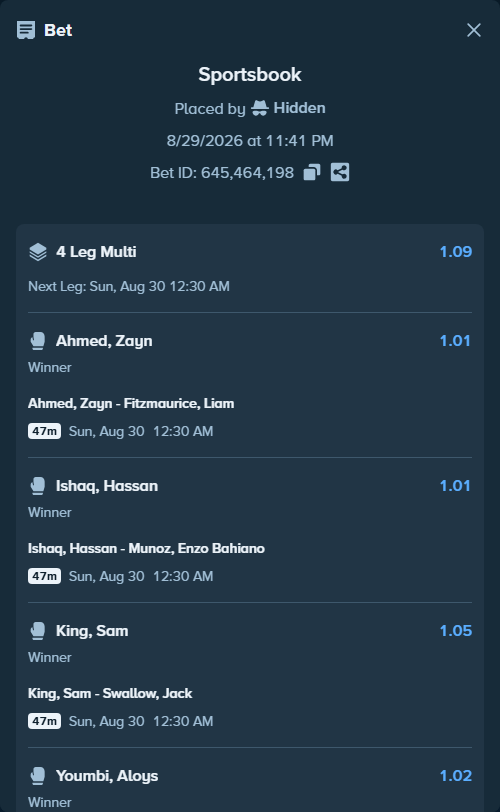 Bet slip: Ahmed, Zayn - Fitzmaurice, Liam, $22,000.00 stake at 1.01 odds, placed by Hidden