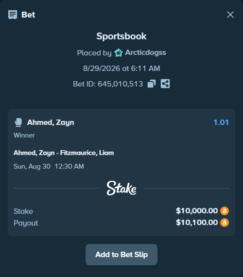 Bet slip: Ahmed, Zayn - Fitzmaurice, Liam, $10,088.13 stake at 1.01 odds, placed by Arcticdogss