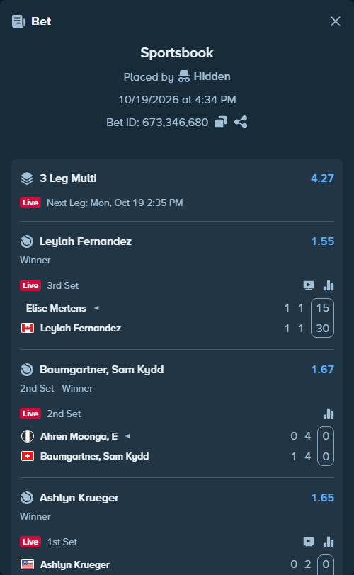 Bet slip: Ahren Moonga, E - Baumgartner, Sam Kydd, $10,000.00 stake at 1.67 odds, placed by Hidden