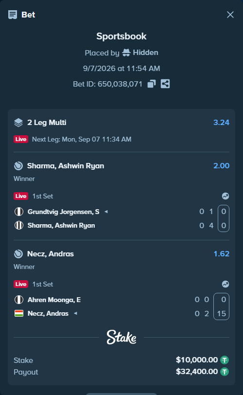 Bet slip: Ahren Moonga, E - Necz, Andras, $10,000.00 stake at 1.62 odds, placed by Hidden
