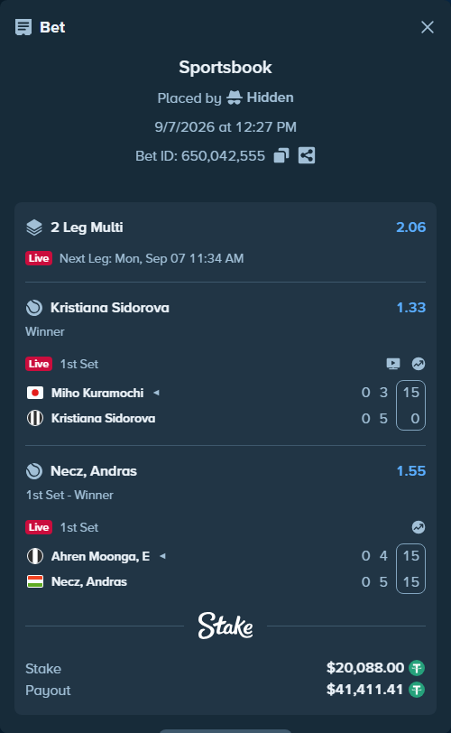 Bet slip: Ahren Moonga, E - Necz, Andras, $20,088.00 stake at 1.55 odds, placed by Hidden