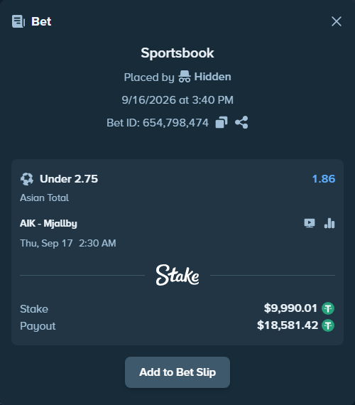 Bet slip: AIK - Mjallby, $10,000.00 stake at 1.86 odds, placed by Hidden