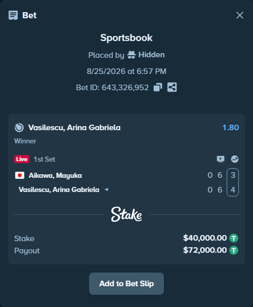 Bet slip: Aikawa, Mayuka - Vasilescu, Arina Gabriela, $40,000.00 stake at 1.80 odds, placed by Hidden