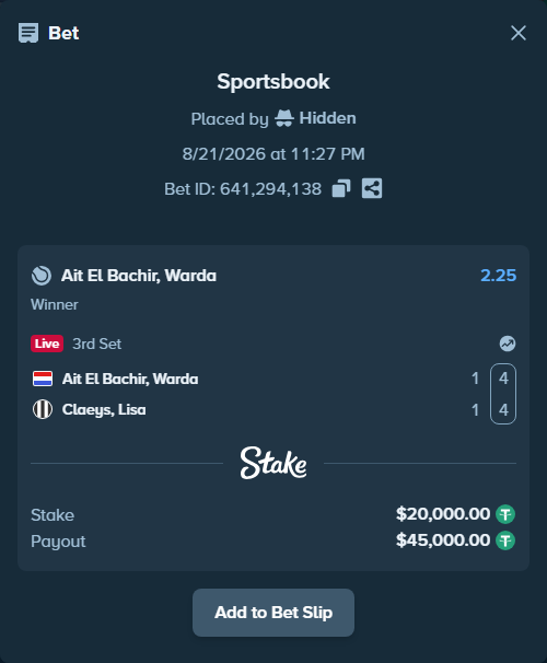 Bet slip: Ait El Bachir, Warda - Claeys, Lisa, $20,000.00 stake at 2.25 odds, placed by Hidden
