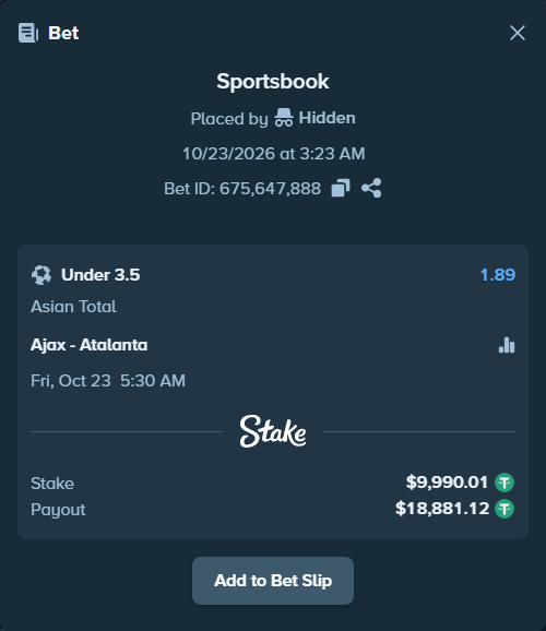 Bet slip: Ajax - Atalanta, $10,000.00 stake at 1.89 odds, placed by Hidden