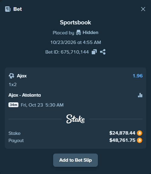 Bet slip: Ajax - Atalanta, $25,001.16 stake at 1.96 odds, placed by Lilyoung07