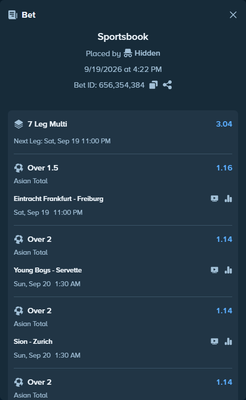 Bet slip: Ajax - Excelsior, $10,000.00 stake at 1.20 odds, placed by Hidden