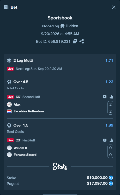 Bet slip: Ajax - Excelsior, $10,000.00 stake at 1.23 odds, placed by Hidden