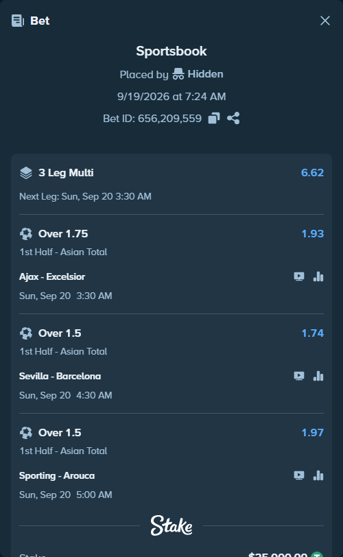 Bet slip: Ajax - Excelsior, $25,000.00 stake at 1.93 odds, placed by Hidden