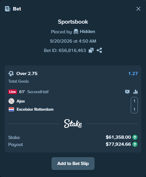 Bet slip: Ajax - Excelsior, $61,358.00 stake at 1.27 odds, placed by Hidden