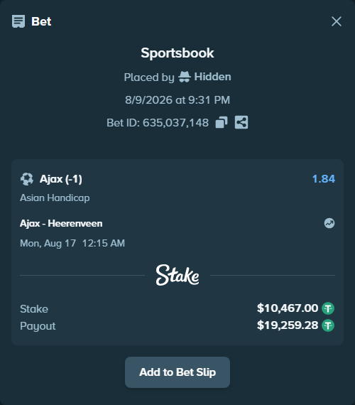 Bet slip: Ajax - Heerenveen, $10,477.47 stake at 1.84 odds, placed by Hidden