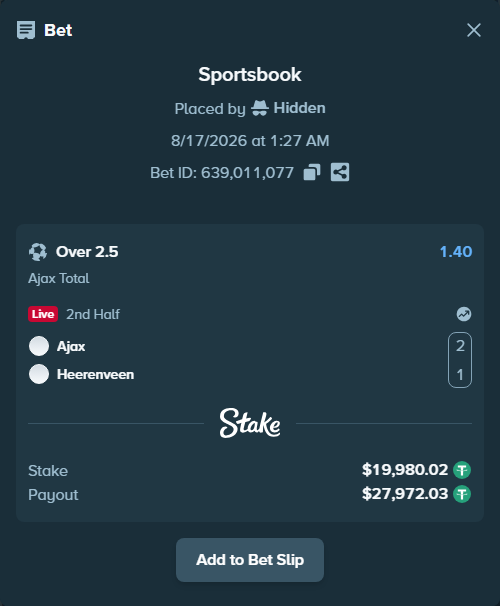 Bet slip: Ajax - Heerenveen, $20,000.00 stake at 1.40 odds, placed by Hidden