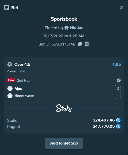 Bet slip: Ajax - Heerenveen, $24,497.46 stake at 1.95 odds, placed by Hidden