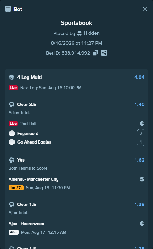 Bet slip: Ajax - Heerenveen, $29,525.18 stake at 1.39 odds, placed by Hidden