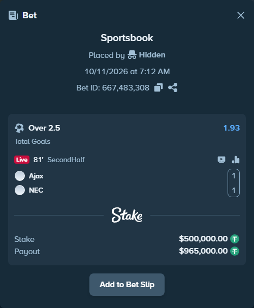 Bet slip: Ajax - NEC Nijmegen, $500,500.00 stake at 1.93 odds, placed by Hidden