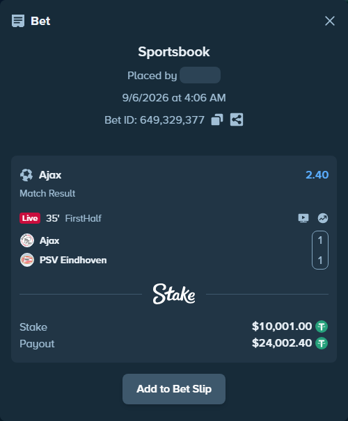 Bet slip: Ajax - PSV Eindhoven, $10,000.00 stake at 2.40 odds, placed by Elantari36