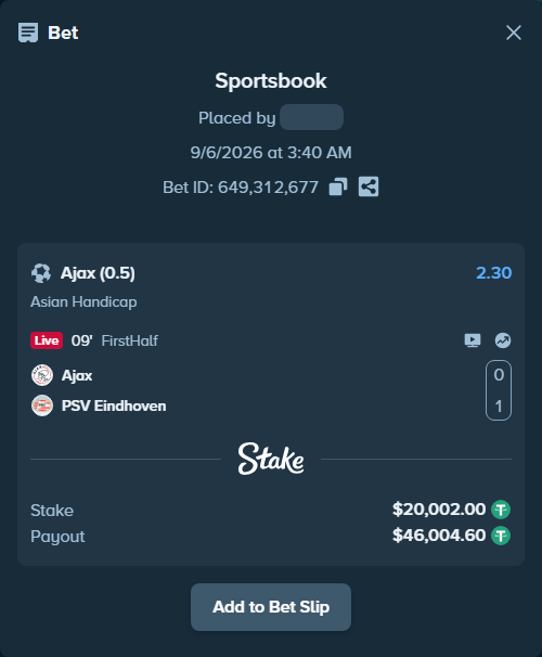 Bet slip: Ajax - PSV Eindhoven, $20,000.00 stake at 2.30 odds, placed by Mrazova