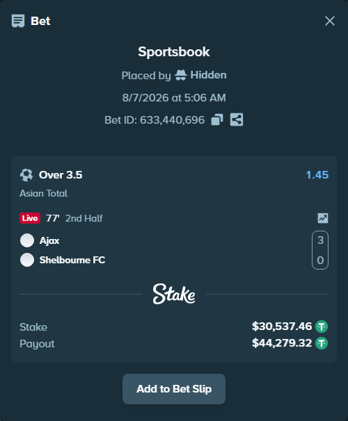 Bet slip: Ajax - Shelbourne FC, $30,568.00 stake at 1.45 odds, placed by Hidden