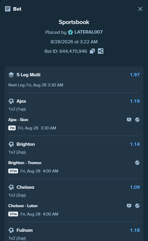 Bet slip: Ajax - Sion, $10,006.00 stake at 1.19 odds, placed by LATERAL007