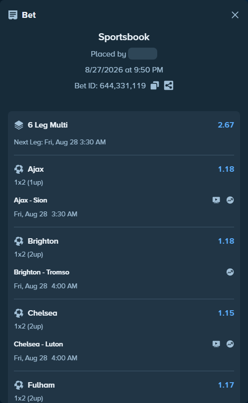 Bet slip: Ajax - Sion, $15,000.00 stake at 1.18 odds, placed by Bossnatty