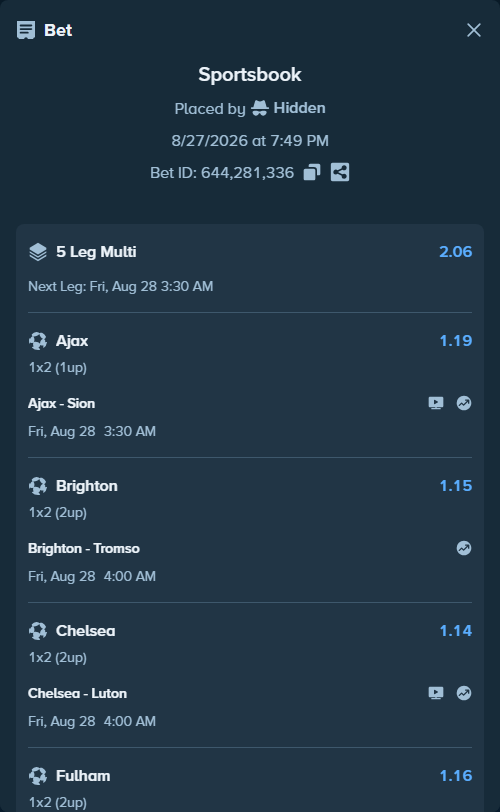 Bet slip: Ajax - Sion, $20,000.00 stake at 1.19 odds, placed by Hidden