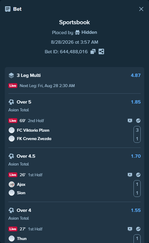 Bet slip: Ajax - Sion, $20,500.00 stake at 1.70 odds, placed by Hidden