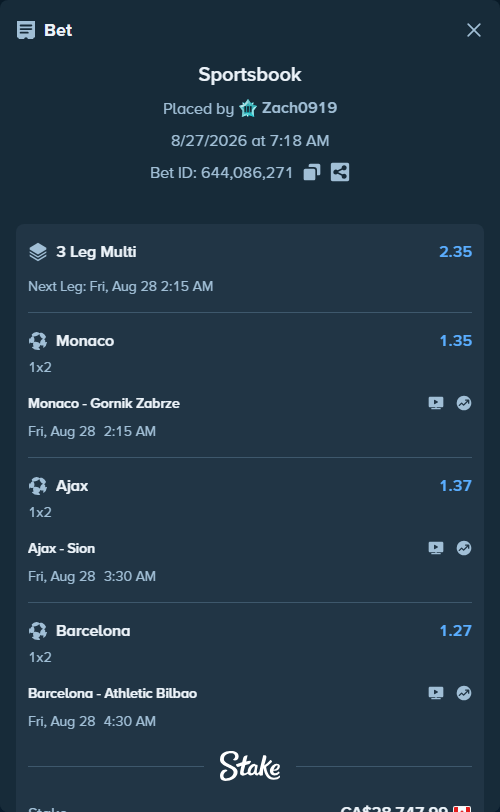 Bet slip: Ajax - Sion, $21,273.51 stake at 1.37 odds, placed by Zach0919