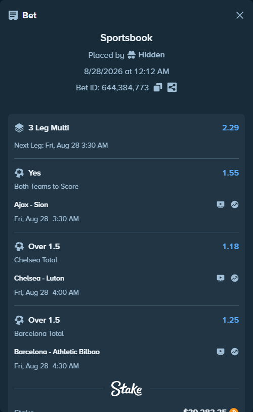 Bet slip: Ajax - Sion, $39,267.07 stake at 1.55 odds, placed by Hidden