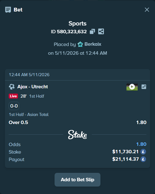 Bet slip: Ajax - Utrecht, $8,886.00 stake at 1.80 odds, placed by Berkaix