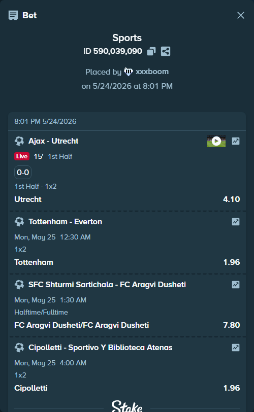 Bet slip: Ajax - Utrecht, $12,148.67 stake at 4.10 odds, placed by xxxboom