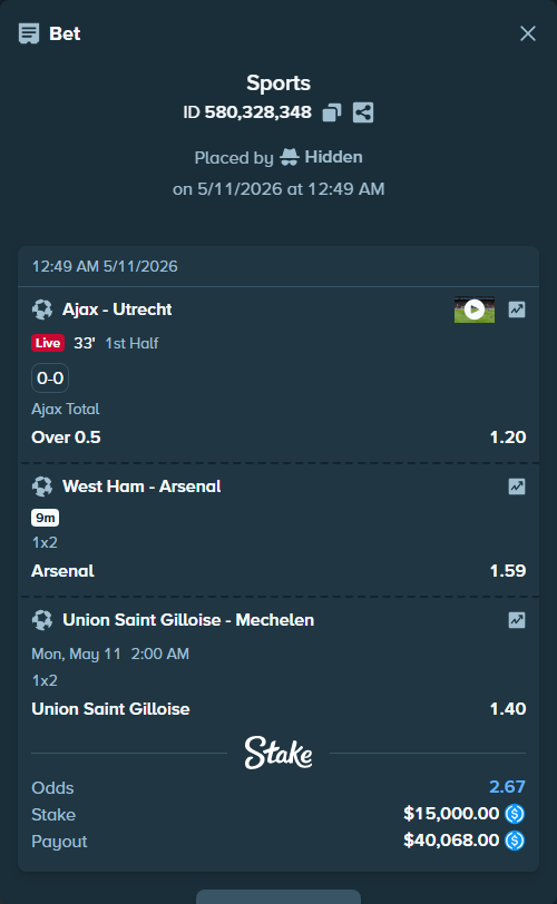 Bet slip: Ajax - Utrecht, $15,000.00 stake at 1.20 odds, placed by Hidden