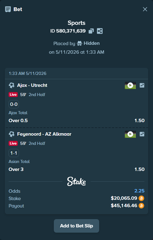 Bet slip: Ajax - Utrecht, $15,822.35 stake at 1.50 odds, placed by Hidden