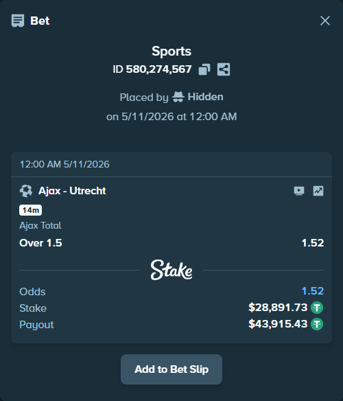 Bet slip: Ajax - Utrecht, $28,891.73 stake at 1.52 odds, placed by Hidden