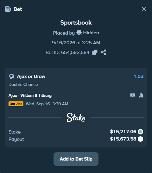 Bet slip: Ajax - Willem II Tilburg, $14,768.73 stake at 1.03 odds, placed by Hidden