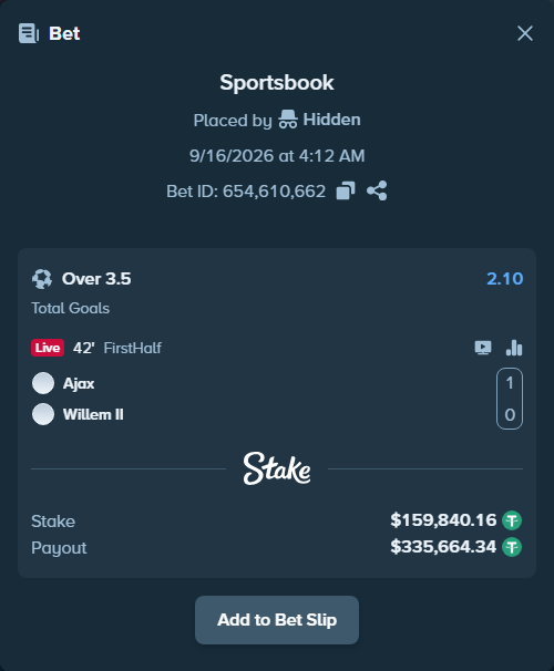 Bet slip: Ajax - Willem II Tilburg, $160,000.00 stake at 2.10 odds, placed by Hidden