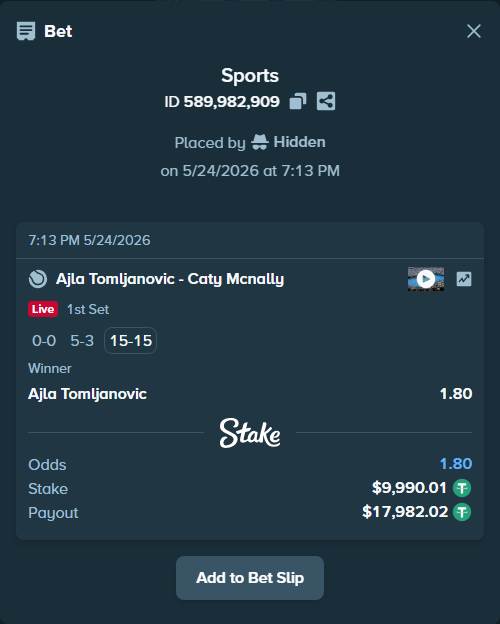 Bet slip: Ajla Tomljanovic - Caty Mcnally, $10,000.00 stake at 1.80 odds, placed by Hidden