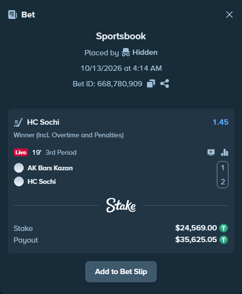 Bet slip: Ak Bars Kazan - HC Sochi, $24,593.57 stake at 1.45 odds, placed by Hidden