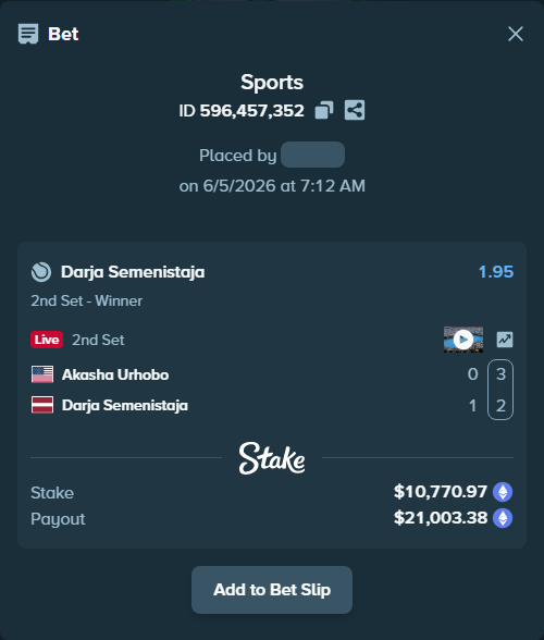 Bet slip: Akasha Urhobo - Darja Semenistaja, $10,561.84 stake at 1.95 odds, placed by Kovou77
