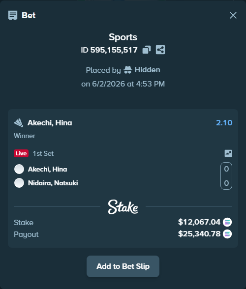 Bet slip: Akechi, Hina - Nidaira, Natsuki, $11,099.59 stake at 2.10 odds, placed by Hidden