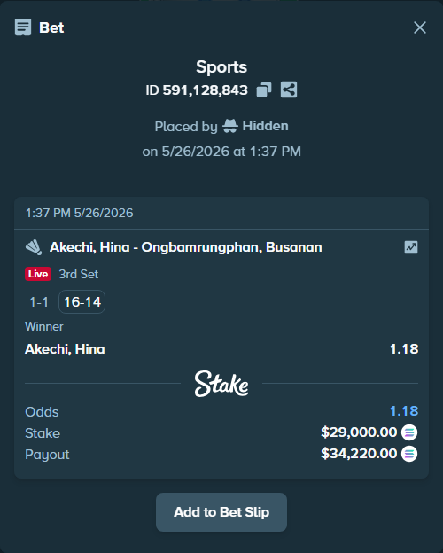 Bet slip: Akechi, Hina - Ongbamrungphan, Busanan, $25,333.79 stake at 1.18 odds, placed by Hidden