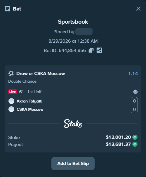Bet slip: Akron Tolyatti - CSKA Moscow, $12,000.00 stake at 1.14 odds, placed by Den15S1m0