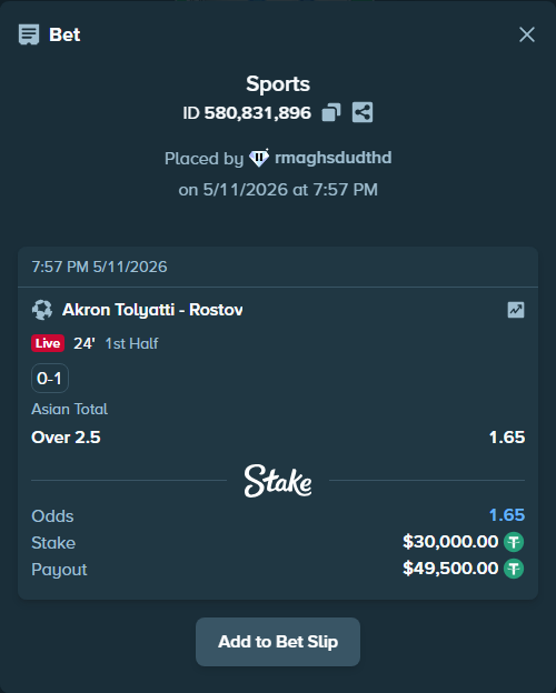 Bet slip: Akron Tolyatti - Rostov, $30,000.00 stake at 1.65 odds, placed by rmaghsdudthd