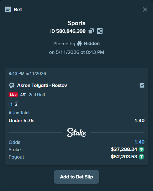 Bet slip: Akron Tolyatti - Rostov, $37,288.24 stake at 1.40 odds, placed by Hidden