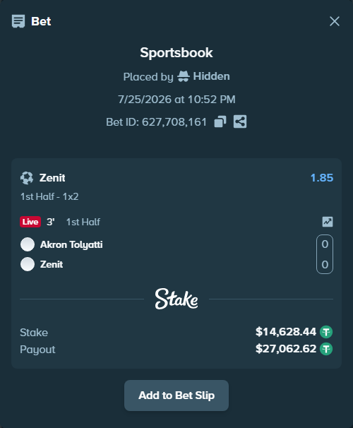 Bet slip: Akron Tolyatti - Zenit, $14,643.07 stake at 1.85 odds, placed by Hidden
