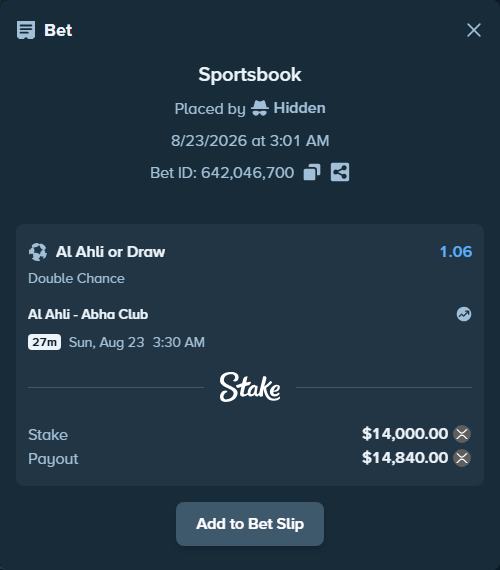 Bet slip: Al Ahli - Abha Club, $14,252.70 stake at 1.06 odds, placed by Hidden