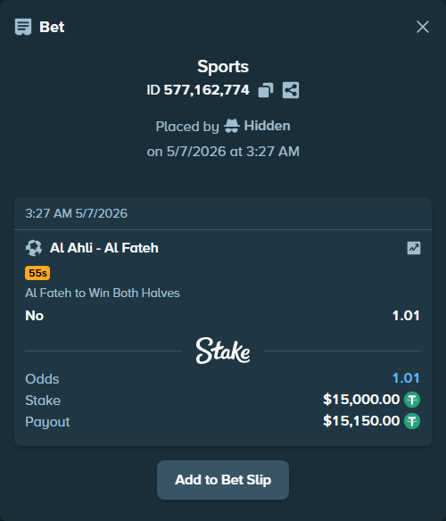 Bet slip: Al Ahli - Al Fateh, $15,000.00 stake at 1.01 odds, placed by Hidden