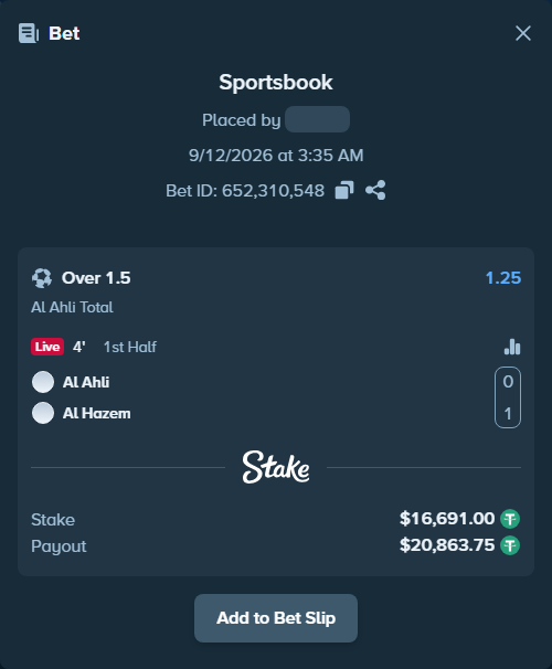 Bet slip: Al Ahli - Al Hazem, $16,691.00 stake at 1.25 odds, placed by SH7N28