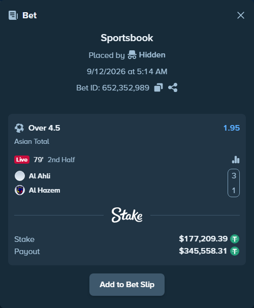 Bet slip: Al Ahli - Al Hazem, $177,209.39 stake at 1.95 odds, placed by Hidden