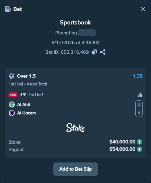 Bet slip: Al Ahli - Al Hazem, $40,000.00 stake at 1.35 odds, placed by Jackpoor